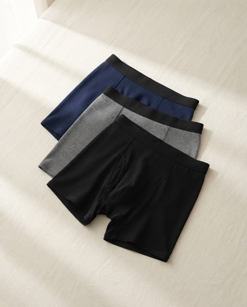 Holdfast leak-proof boxers in blue, grey and black, laid flat