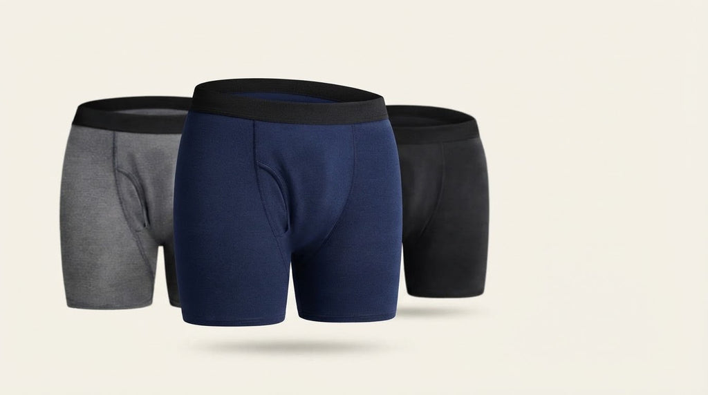 Holdfast leak-proof boxers in grey, blue and black, side by side