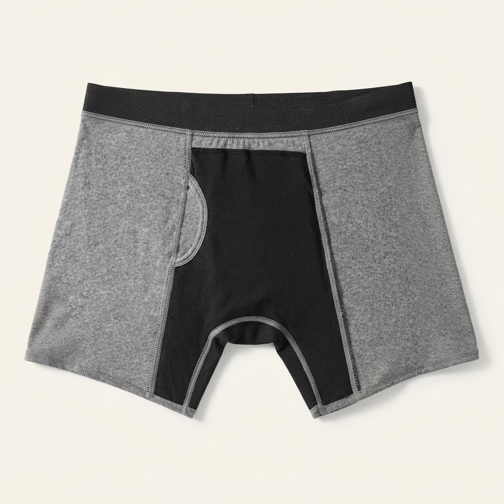 Holdfast boxers turned inside out, showing the absorbent panel
