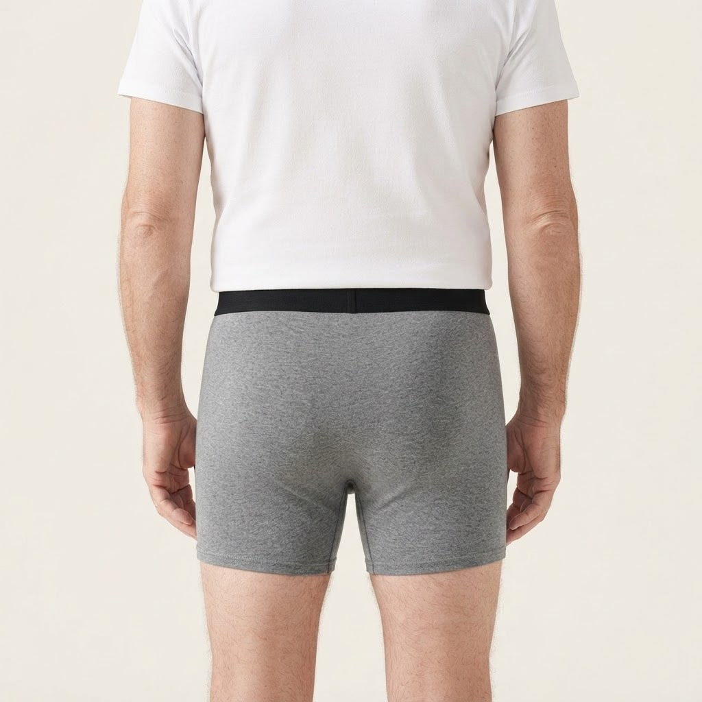 Man wearing grey Holdfast boxers, back view