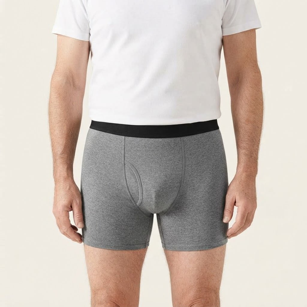 Man wearing grey Holdfast boxers, front view