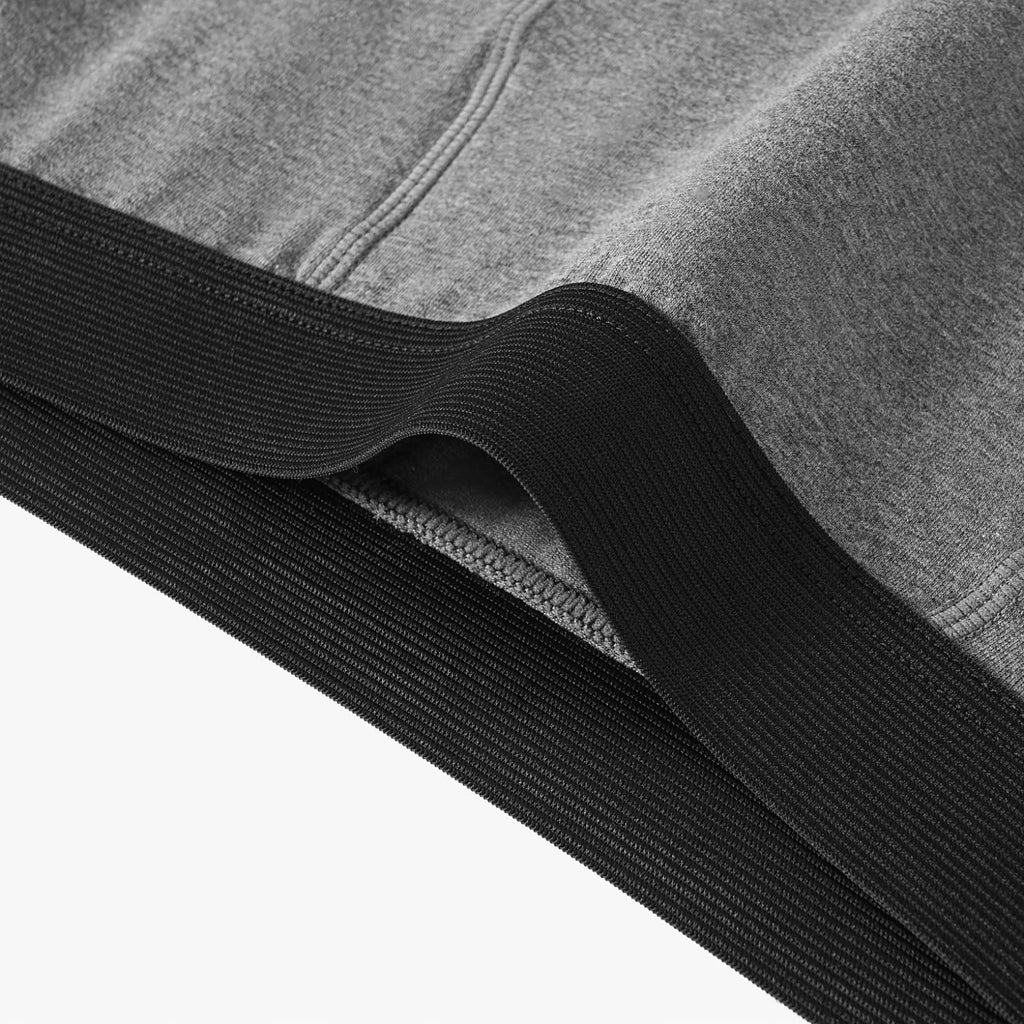 Close-up of the ribbed black waistband and grey cotton